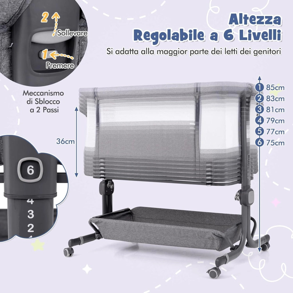 Culla Neonato con Matterasso, Culla Next to Me Piechevole con Altezza Regolabile a 6 Livelli, Lettino Bambino con Mensola Portaoggetti, Borsa da Trasporto, per Bambini 0-6 Mesi (Grigio Scuro)