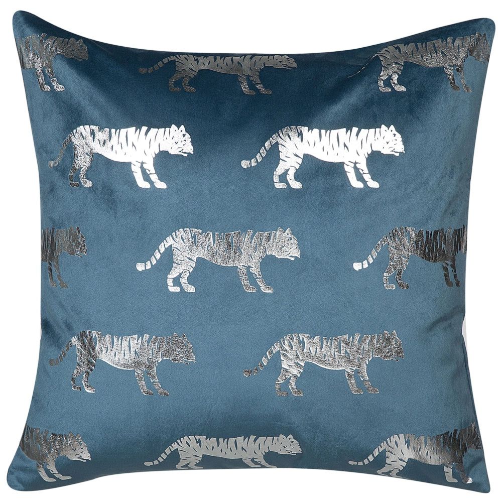 Set di 2 cuscini Decorativi Velluto Blu stampa Animale 45 x 45 cm Motivo Tigre Moderno Glamour Decor Accessori