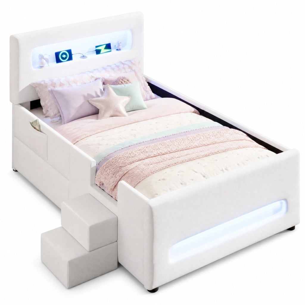 Letto imbottito con cassetto; luci LED e rivestimento in PU; 90x200 cm; bianco