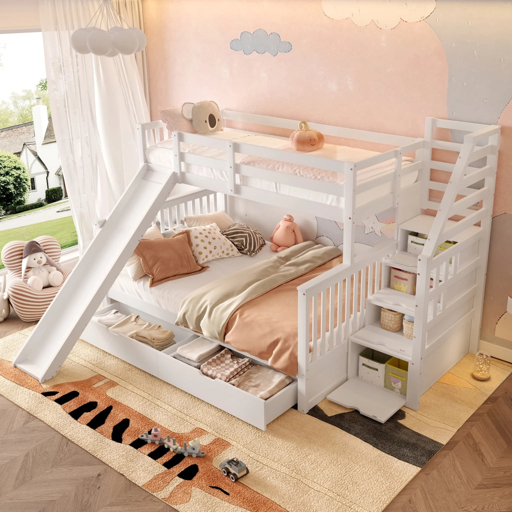 LETTO a castello con cassetti e scivolo 90x200/140x200 cm Bianco antico