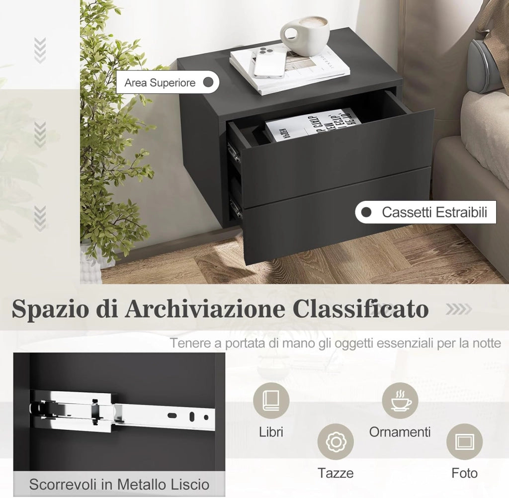 Comodino Camera da Letto Sospeso, Comodino in Legno con 2 Cassetti Salvaspazio, Comodino per Cameretta Moderno da Parete, per Soggiorno, 42 x 30 x 28 cm (Grigio)