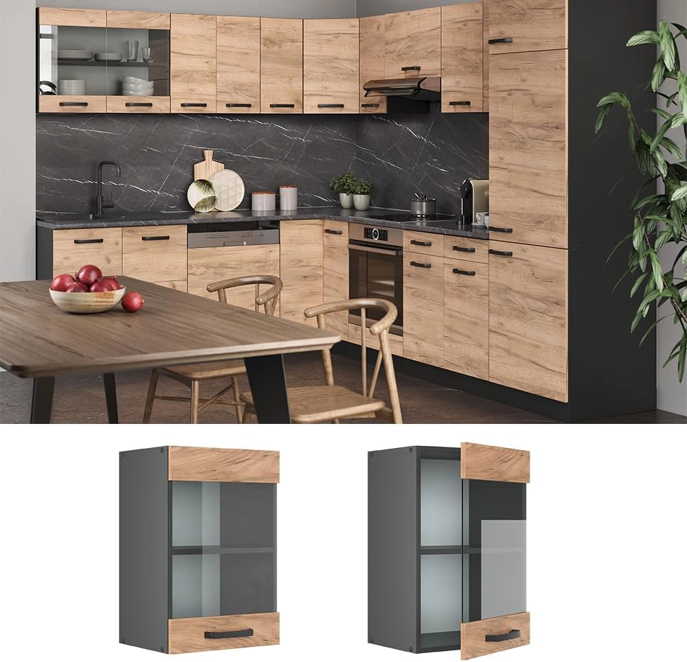 Mobile da cucina in vetro R-Line, Quercia dorata, 40 cm, per la libera combinazione all'interno di sistemi cucina modulari