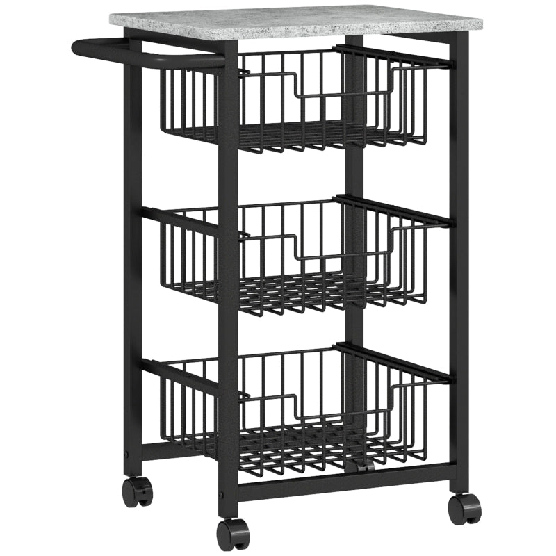 Carrello da Cucina con 3 Cestelli Estraibili e Ruote; con Maniglia; per Cucina o Bar; Legno; 49;5 x 31 x 69 cm; Grigio Chiaro