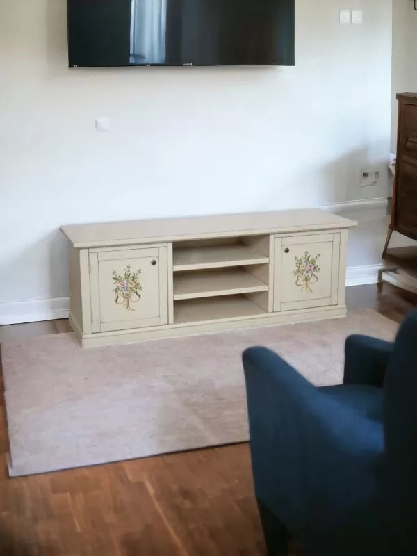 Porta tv 2 ante legno shabby bianco decori 160x46x56 - Mobili 2G