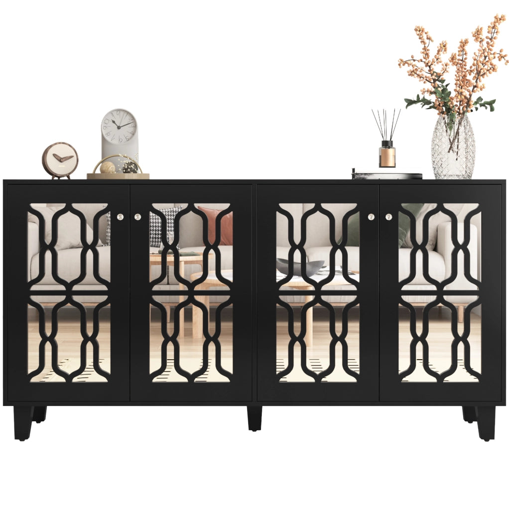 Credenza 160x40x84 cm nera in MDF con 4 ante e ripiani regolabili