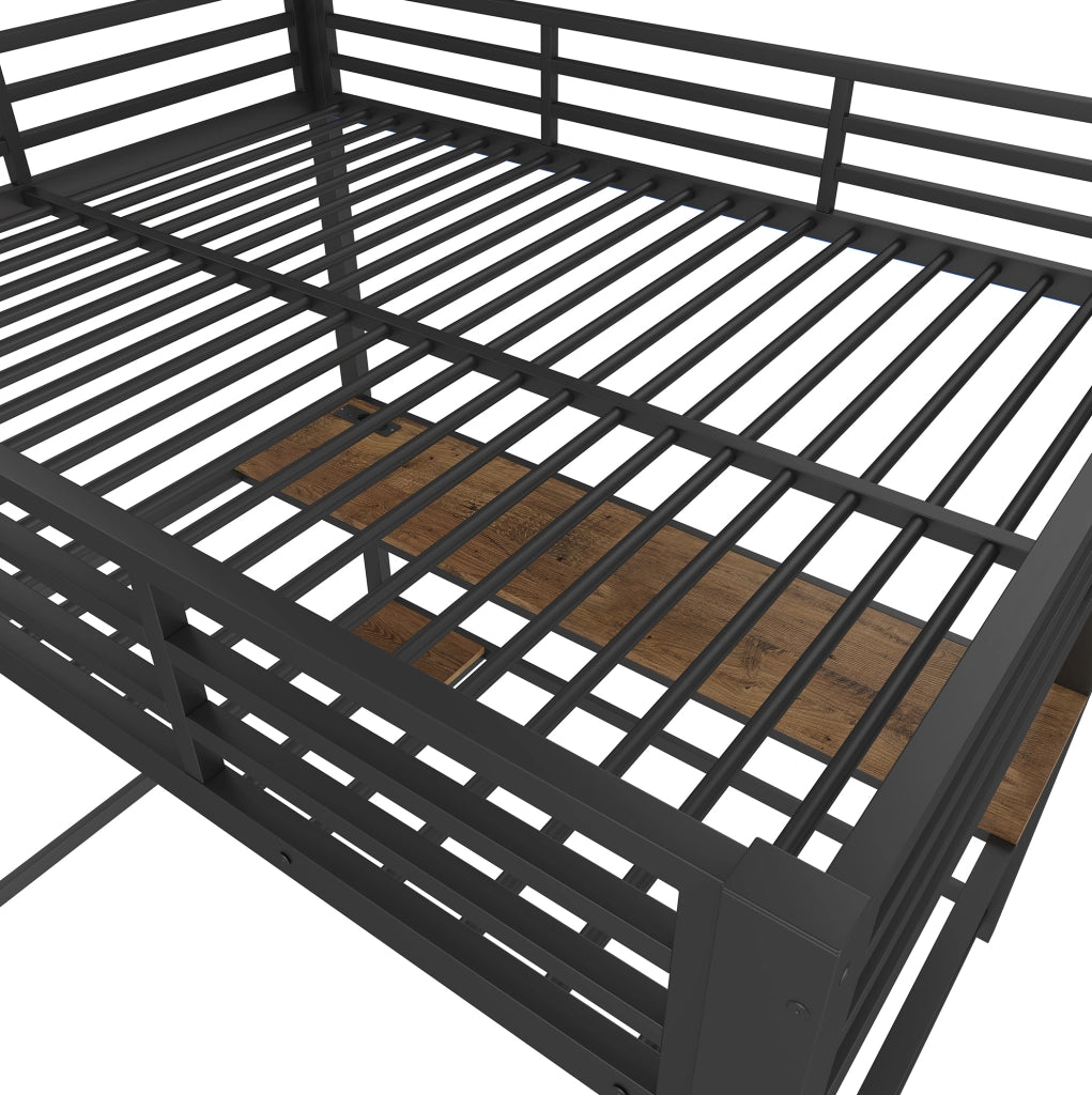 Letto a soppalco 140x200 cm con scrivania; LED e prese USB in metallo nero