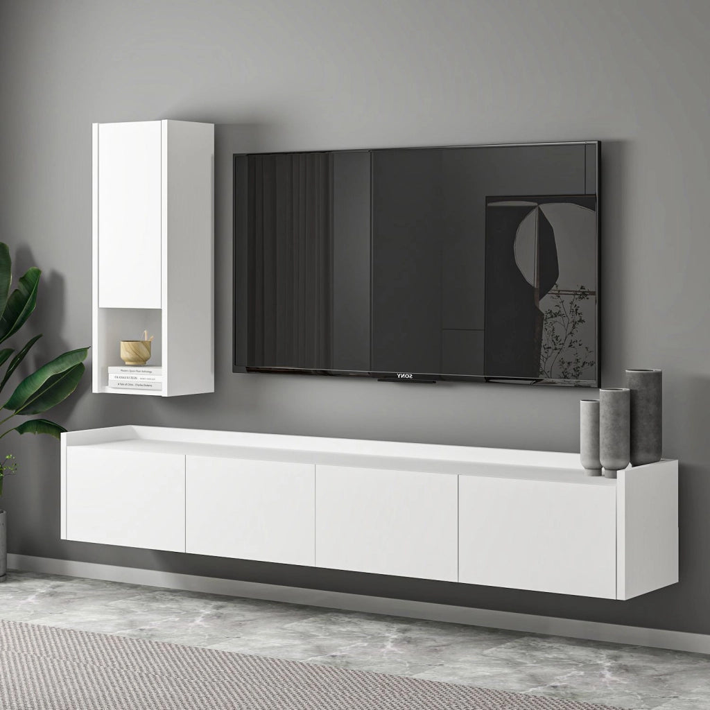 Mobile TV in legno "Sema" con mensola a muro - 160 x 30 x 35 cm - Bianco
