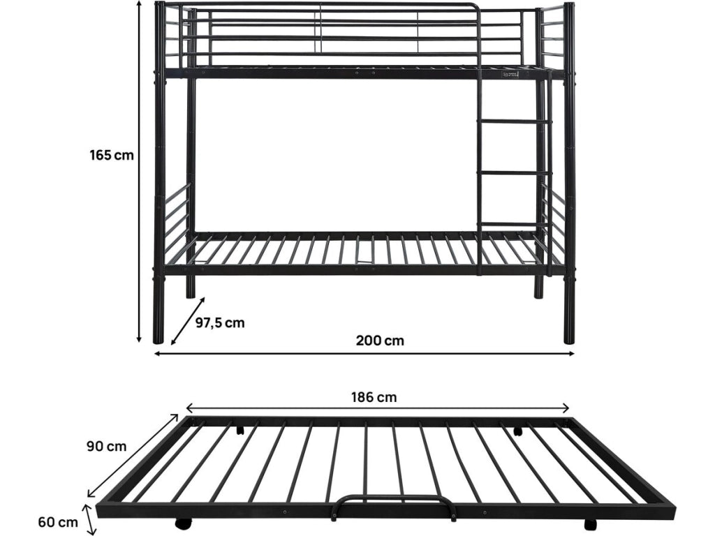 Letto a castello "ADAM" con cassetto estraibile - 90 x 190 cm - Metallo - Nero