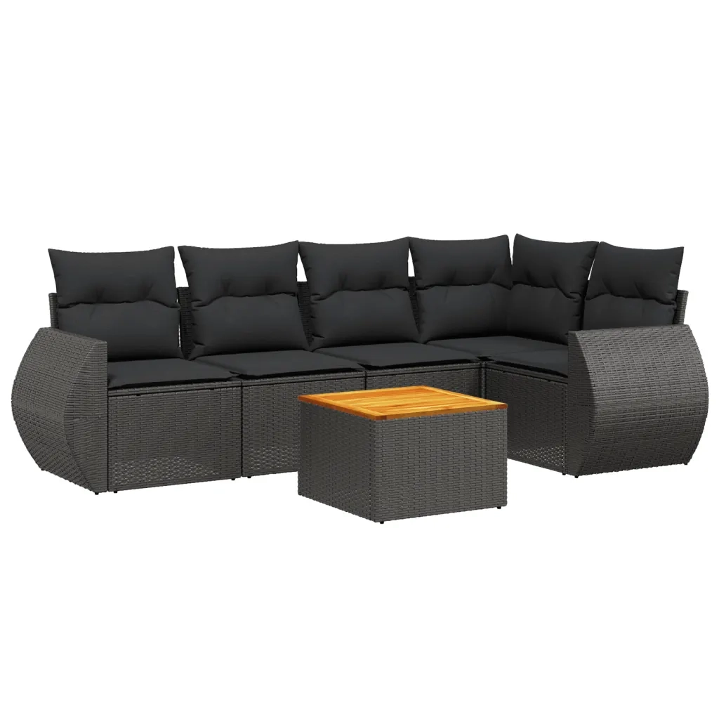 Set Divano da Giardino 6 pz con Cuscini Nero in Polyrattan