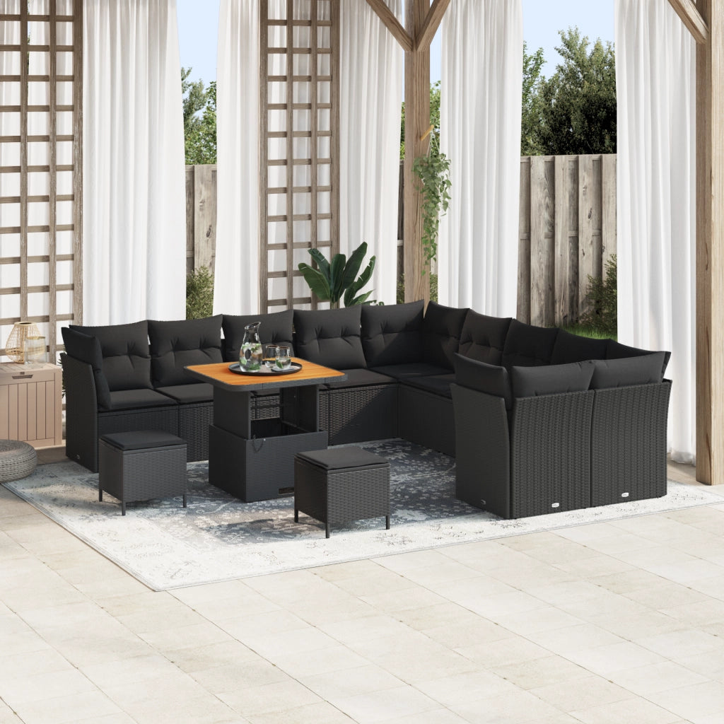 Set Divano da Giardino 13 Pezzi con Cuscini Nero Polyrattan Acacia