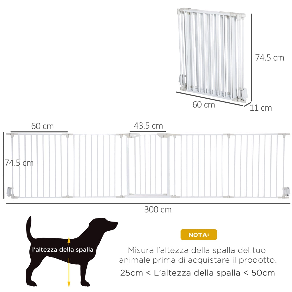 Cancellino per Cani Regolabile e Pieghevole 300x74,5 cm con Chiusura Automatica e Blocco in Metallo e Plastica Bianco