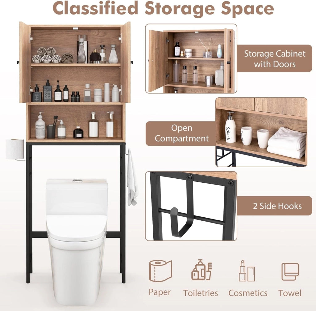 Armadio per Stoccaggio Sopra il WC, Organizzatore da Bagno con Armadietto a Doppia Porta, Scomparto Aperto, Mensola Regolabile a 5 Livelli e Barra Inferiore Regolabile (Naturale)
