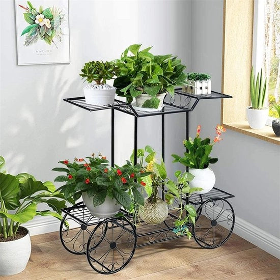 Supporto per piante - 6 Posizioni - Supporto per piante in metallo - Trolley per piante - Trolley in metallo - Classico - Decorativo - Per interni ed esterni - Nero