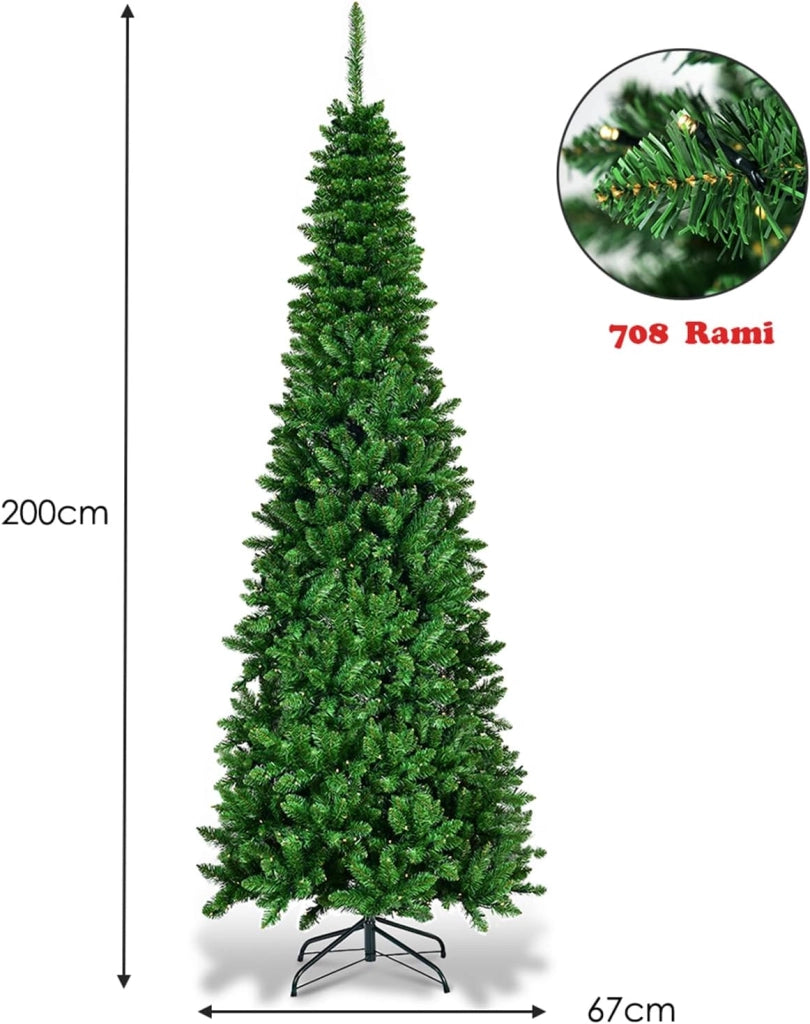 Albero di Natale 135/200/225 cm, Albero di Natale Slim con 150/250/350 Luci a LED Calde, 226/708/1085 Rami Folti e Base di Metallo, Albero di Natale con Luci Incorporate per Festa (200 cm)