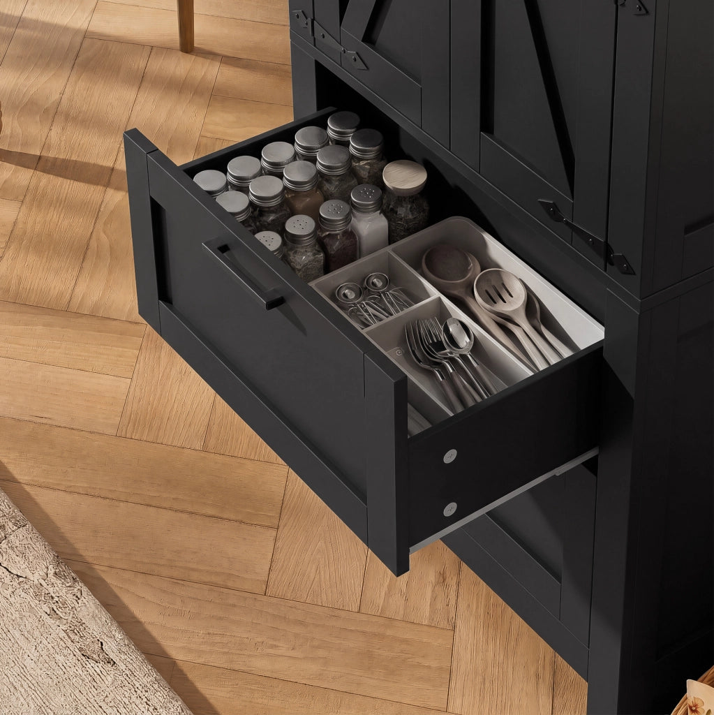 Credenza alta nera 60x30x128 cm con ripiani regolabili e 2 cassetti