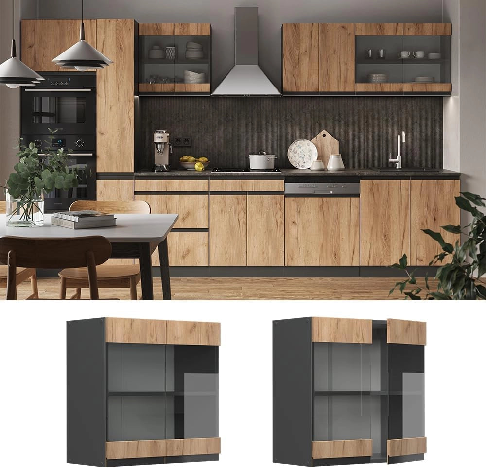 Mobile da cucina in vetro R-Line, Quercia dorata, 60 cm Forma a J, per la libera combinazione all'interno di sistemi cucina modulari