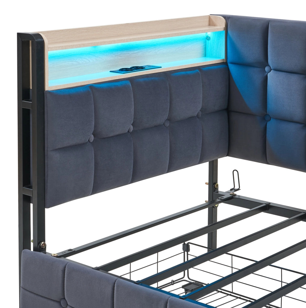 Divano letto 90x200 cm con 2 cassetti, LED, USB e USB-C in velluto grigio