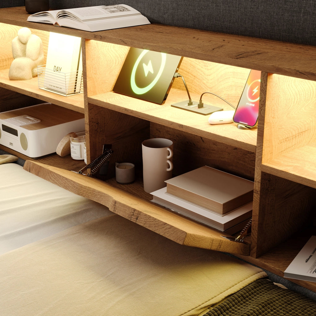 Letto singolo 90x200 cm con LED, contenitore e testiera L reversibile