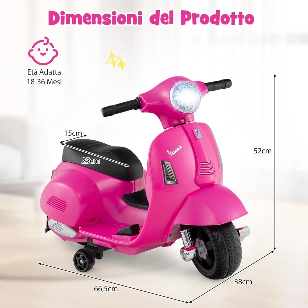 Moto Elettrica per Bambini, 6V Mini Moto per Bambini 18-36 Mesi, con Licenza Ufficiale Vespa, con Luci a LED e Suoni di Clacson, Portata 25 kg, 2 Ruote di Allenamento, 2,5 km/h (Rosa)