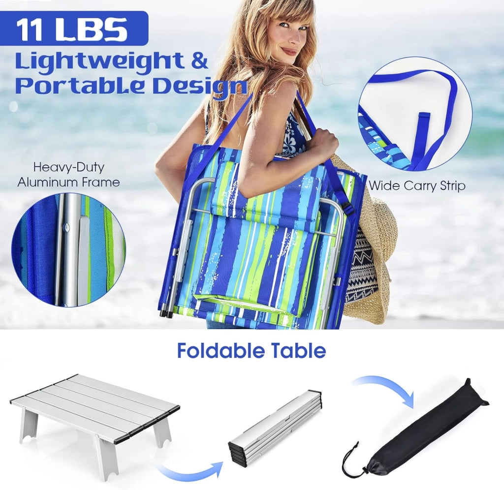 Set di 2 Materassi da Spiaggia Pieghevoli e Tavolino, Sedie a Sdraio da Spiaggia Regolabili in 5 Posizioni con Poggiatesta Rimovibile, Tasca per Giardino, Campeggio (Blu+Verde)