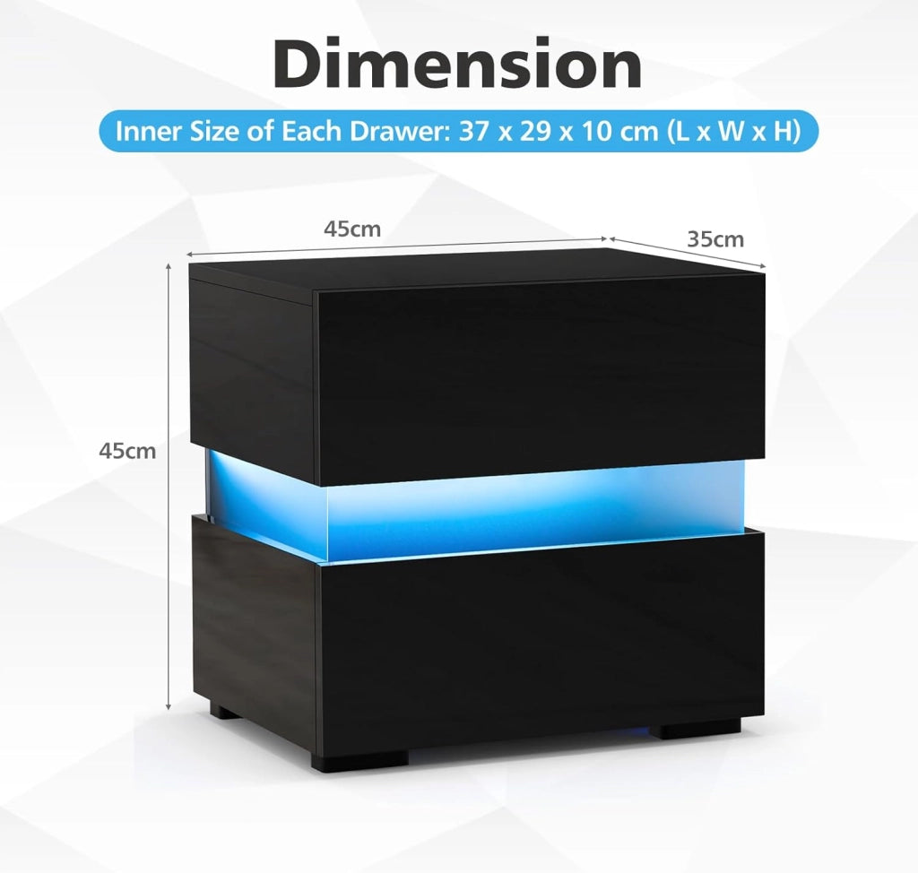 Comodino con Illuminazione a LED, 45 x 35 x 45 cm, Comodino con 2 Cassetti, LED con 22 Modalità Dinamiche, 5 Livelli di Luminosità e Telecomando (2, Nero)