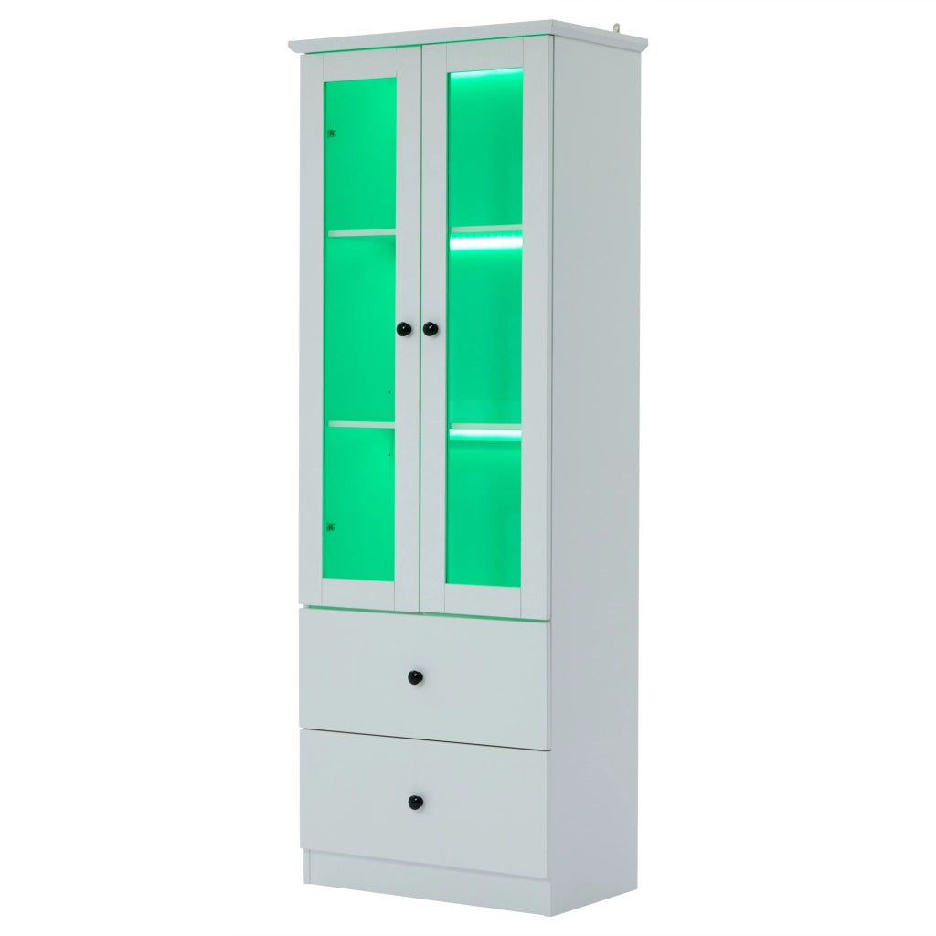Vetrina con LED, 2 cassetti e ripiani regolabili, con ante a battente, per soggiorno, bianco, 165 × 60 × 35,5 cm