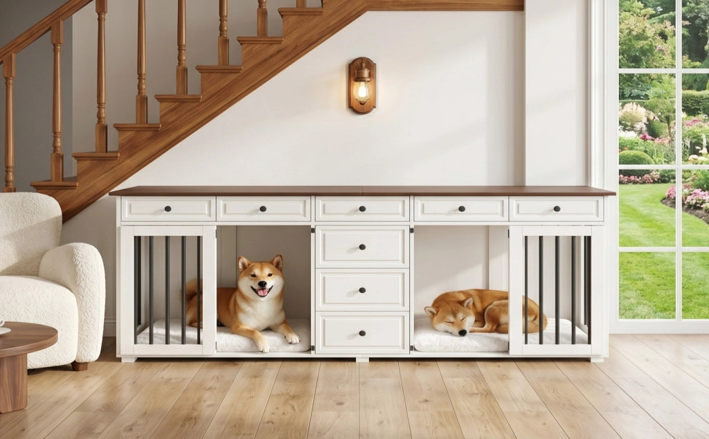 Scaffale per due cani da interno con 8 cassetti e chiusure di sicurezza in MDF e metallo bianco 200 × 60 × 85 cm