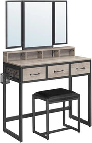 VASAGLE Tavolo da toilette con specchio pieghevole in 3 pezzi, supporto per asciugacapelli, tavolo cosmetico con sgabello imbottito, 3 cassetti, design industriale, Greige e nero RVT004B02