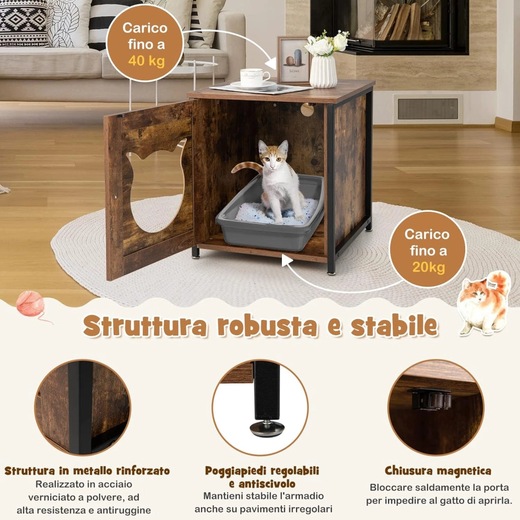 Mobile per Lettiera Gatti in Legno, Casetta con Ingresso a Forma di Gatto, Telaio in Metallo, Mobiletto Multiuso per Ingresso e Soggiorno, Adatto a Gatti Piccoli e Grandi
