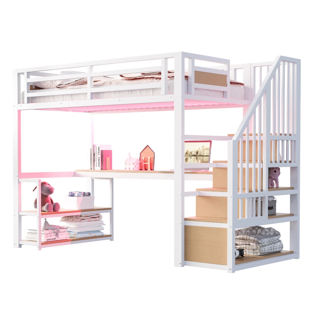 Letto a soppalco 90 × 200 cm con scala contenitore, ripiani, tavolo, barriera di sicurezza, senza materasso, bianco