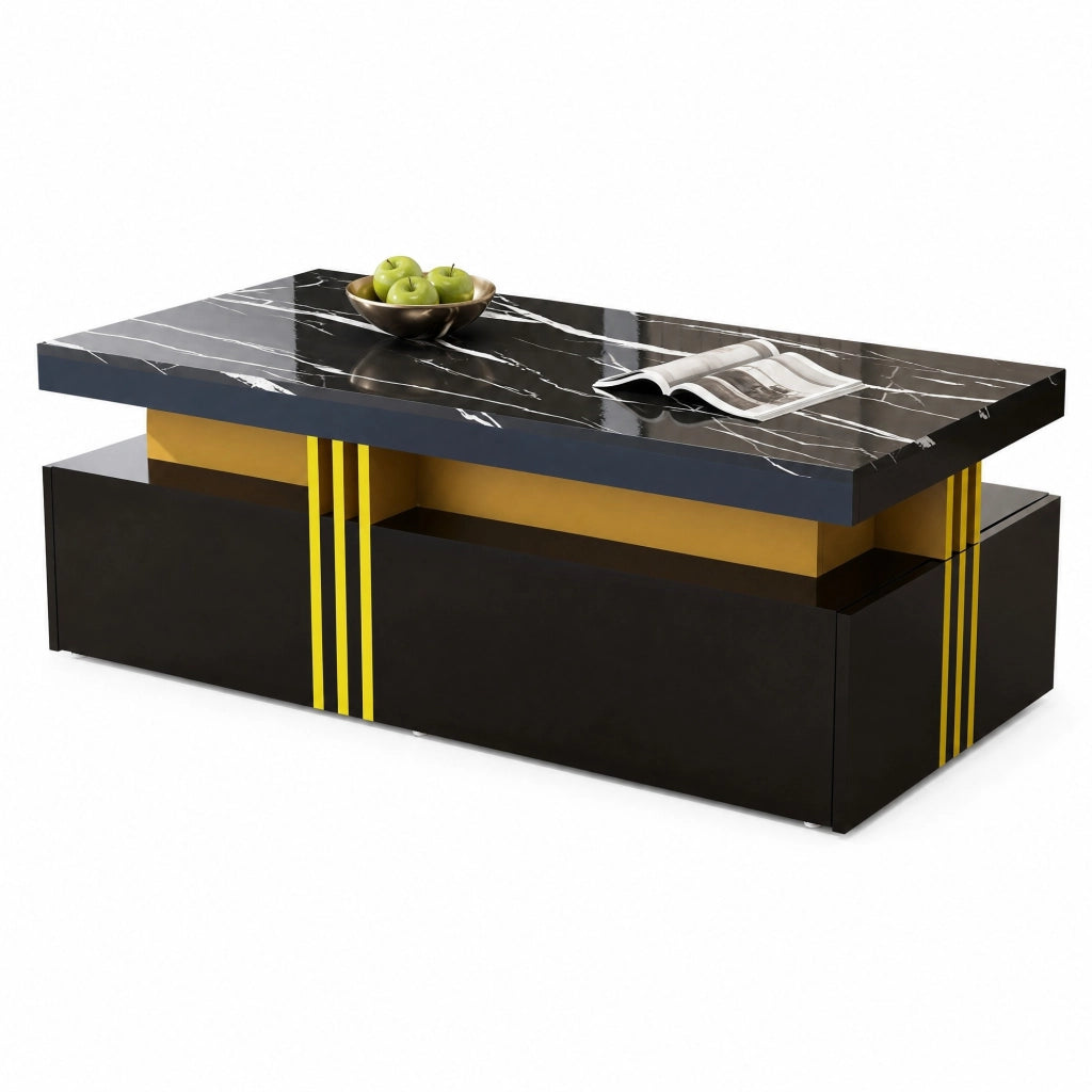 Tavolino da caff¨¨ rettangolare moderno nero con piano effetto marmo, 2 cassetti e struttura in truciolare, 100 x 50 x 40 cm