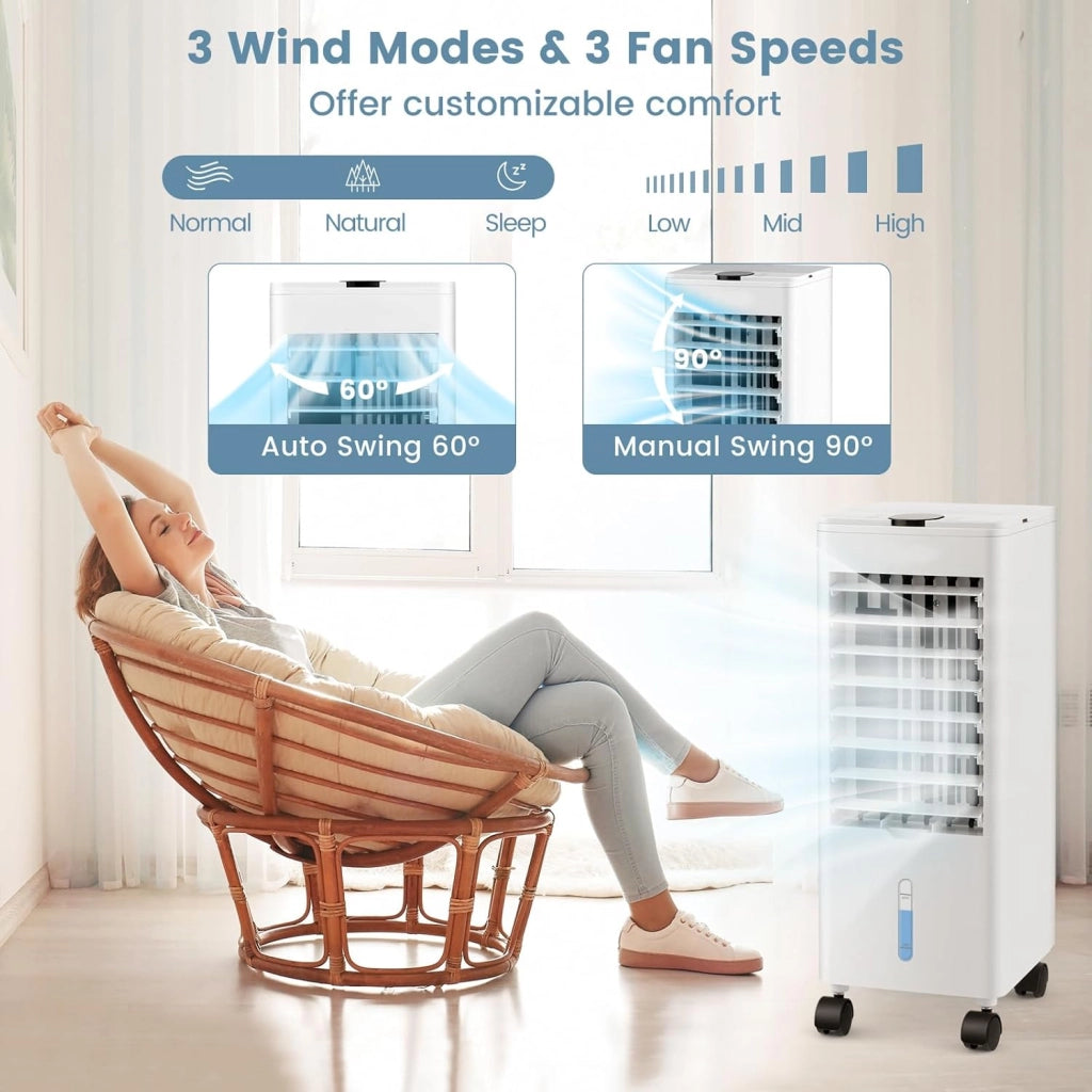 Ventilatore Condizionatore, 3 in 1 Ventilatore & Umidificatore & Raffrescatore, 3 Velocità, 2 Serbatoi d'Acqua, Timer 12H, Telecomando, per Salone, Camera da Letto, Ufficio (Bianco)