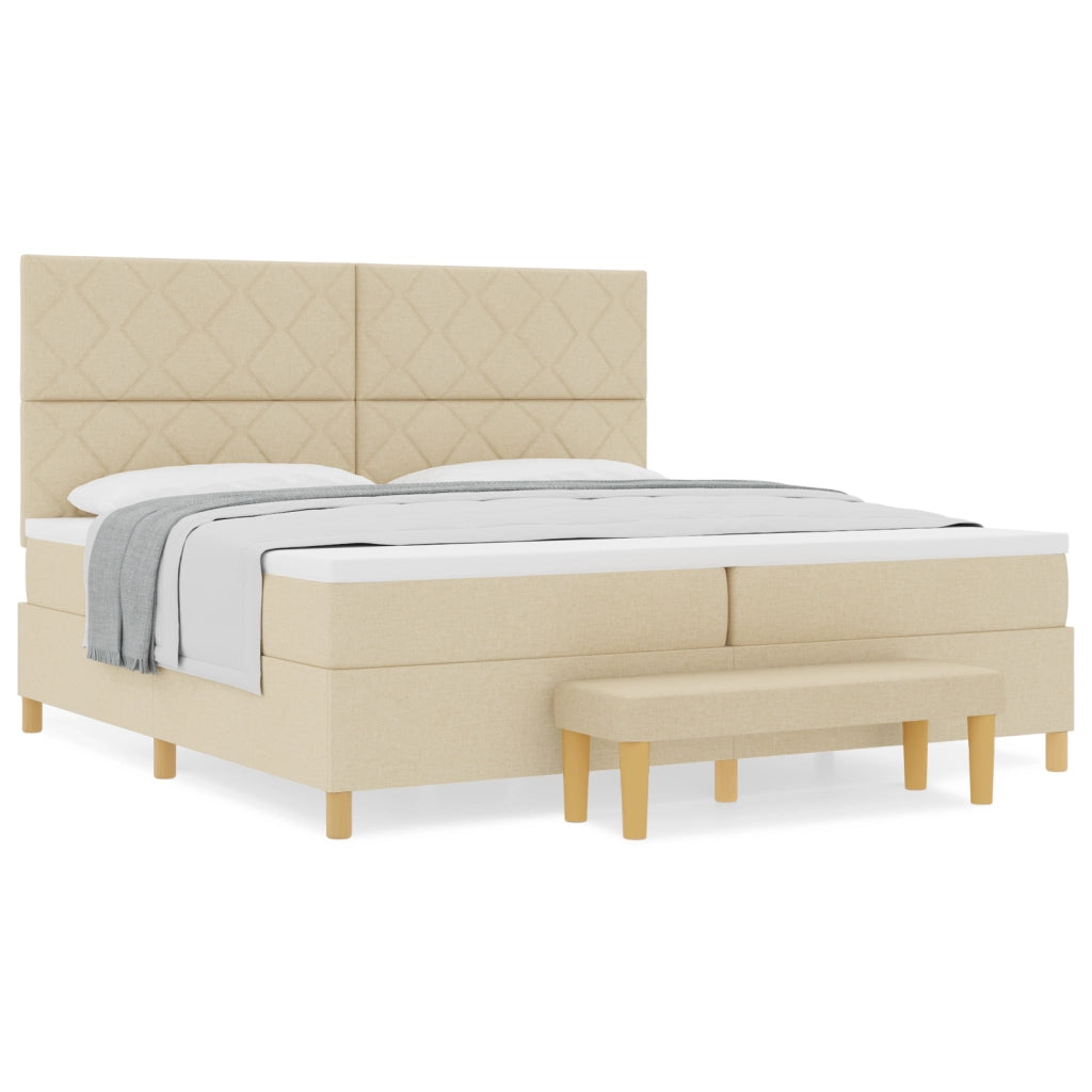 Letto Box Spring con Materasso e Panchina Panna 200x200 cm Tessuto