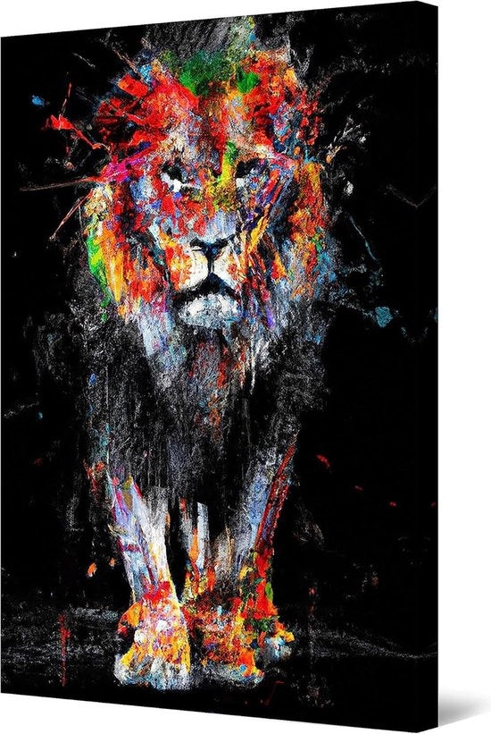 Lione in Colori su Tela - Decorazione Moderna per la Sala da Pranzo Arte - Stampata Grande Foto 60 cm x 90 cm