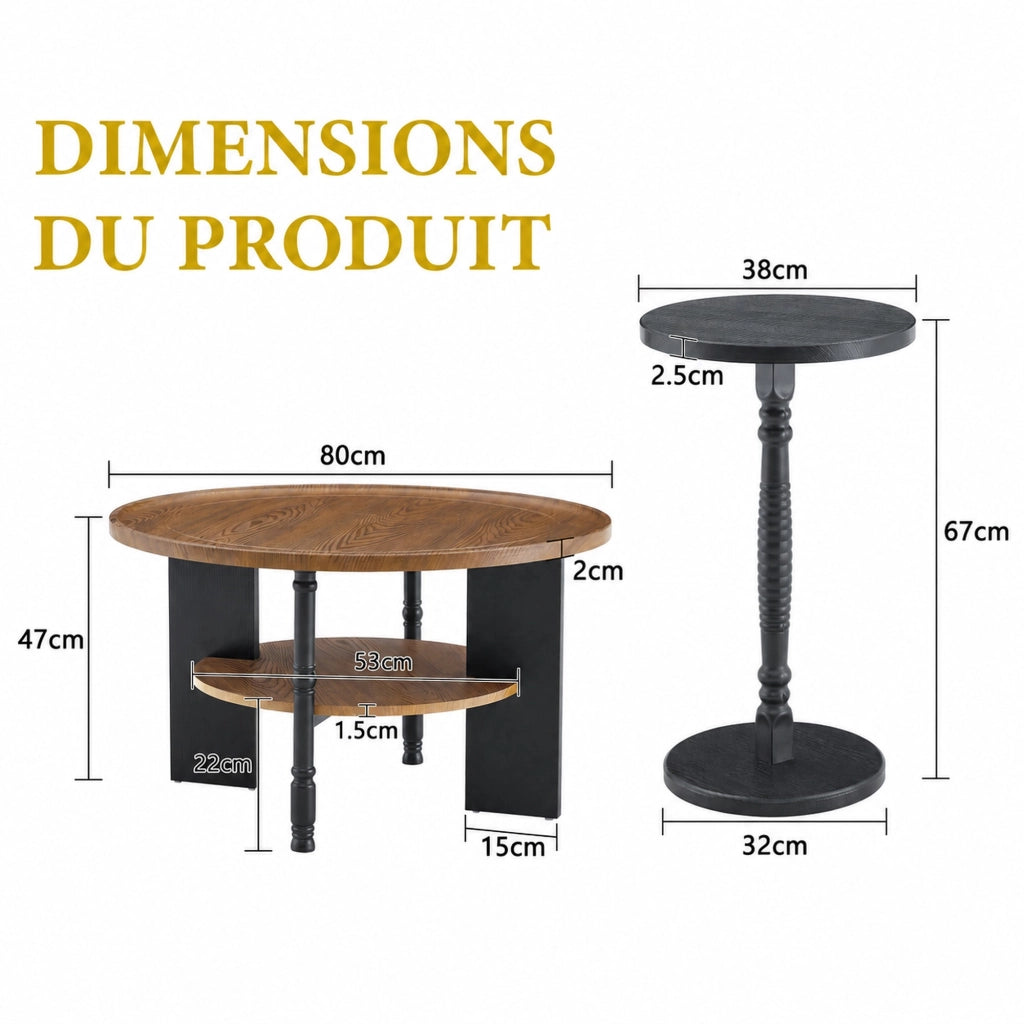 Set di 2 tavolini rotondi 80 cm in MDF noce nero， tavolino 38 cm