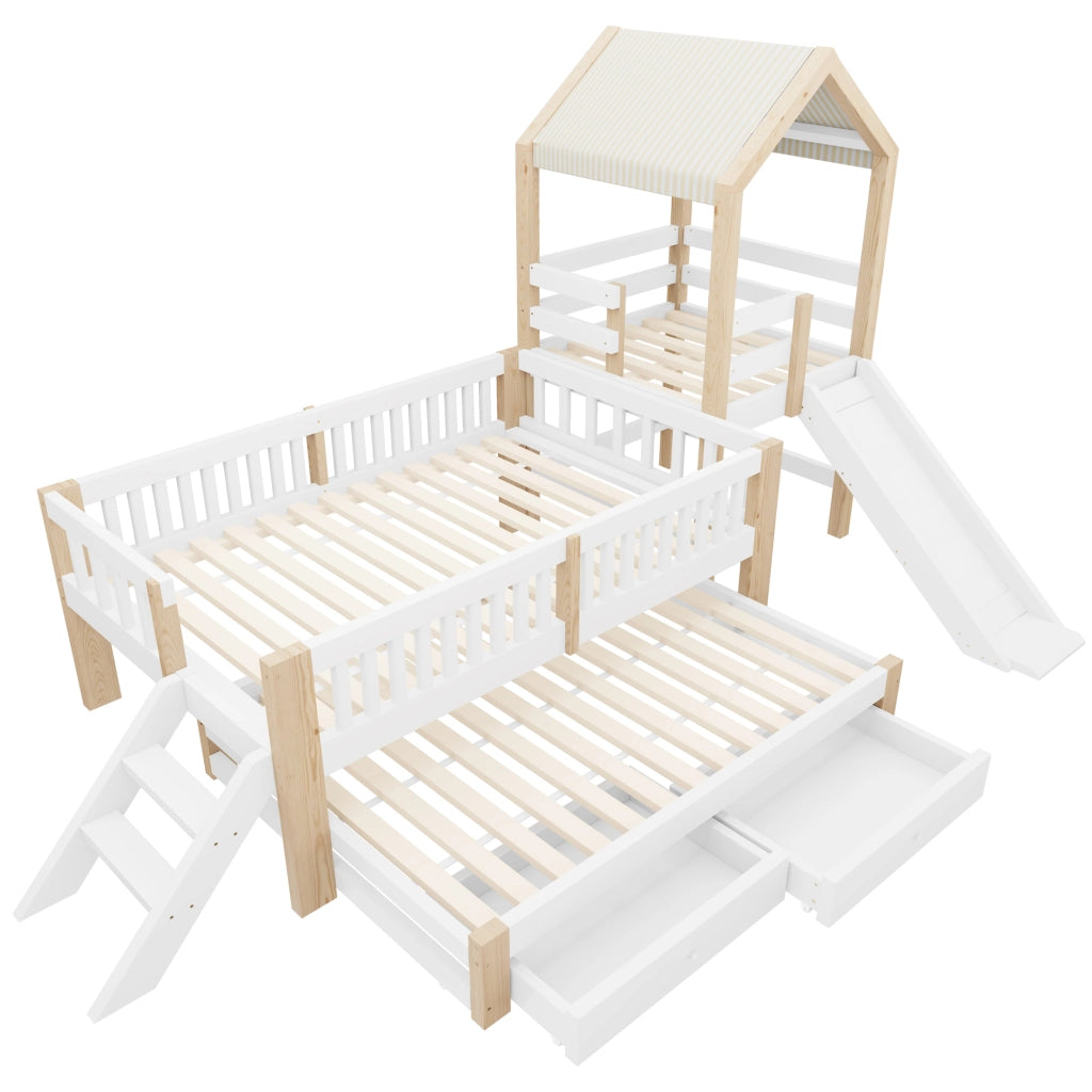 Letto per Bambini 90x200 cm e 90x190 cm - Scivolo; Scala laterale; Cassetti - Bianco e legno naturale