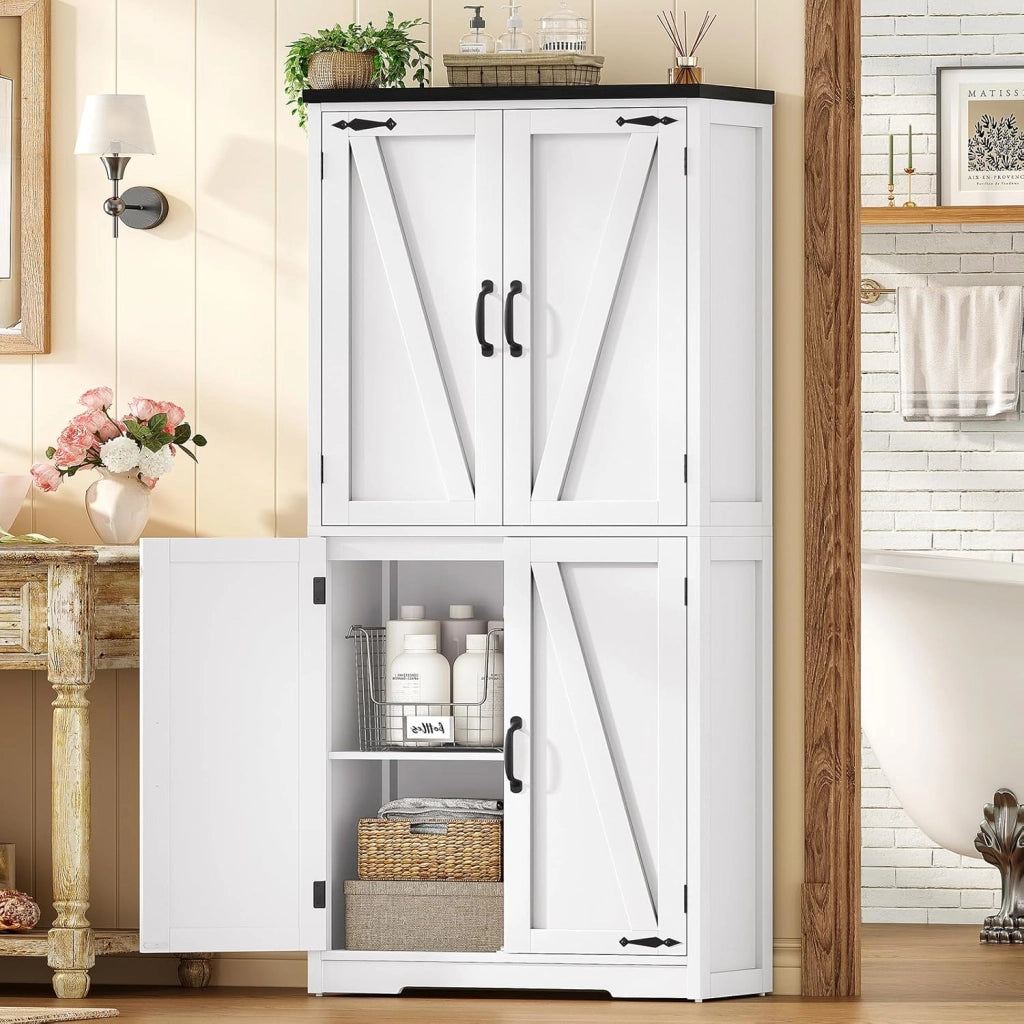Credenza Cucina, Mobile Cucina con 4 Ante e Ripiani Regolabili, Dispensa Cucina con Maniglie Nere, per Soggiorno e Sala da Pranzo, Bianco – 60x30x148 cm
