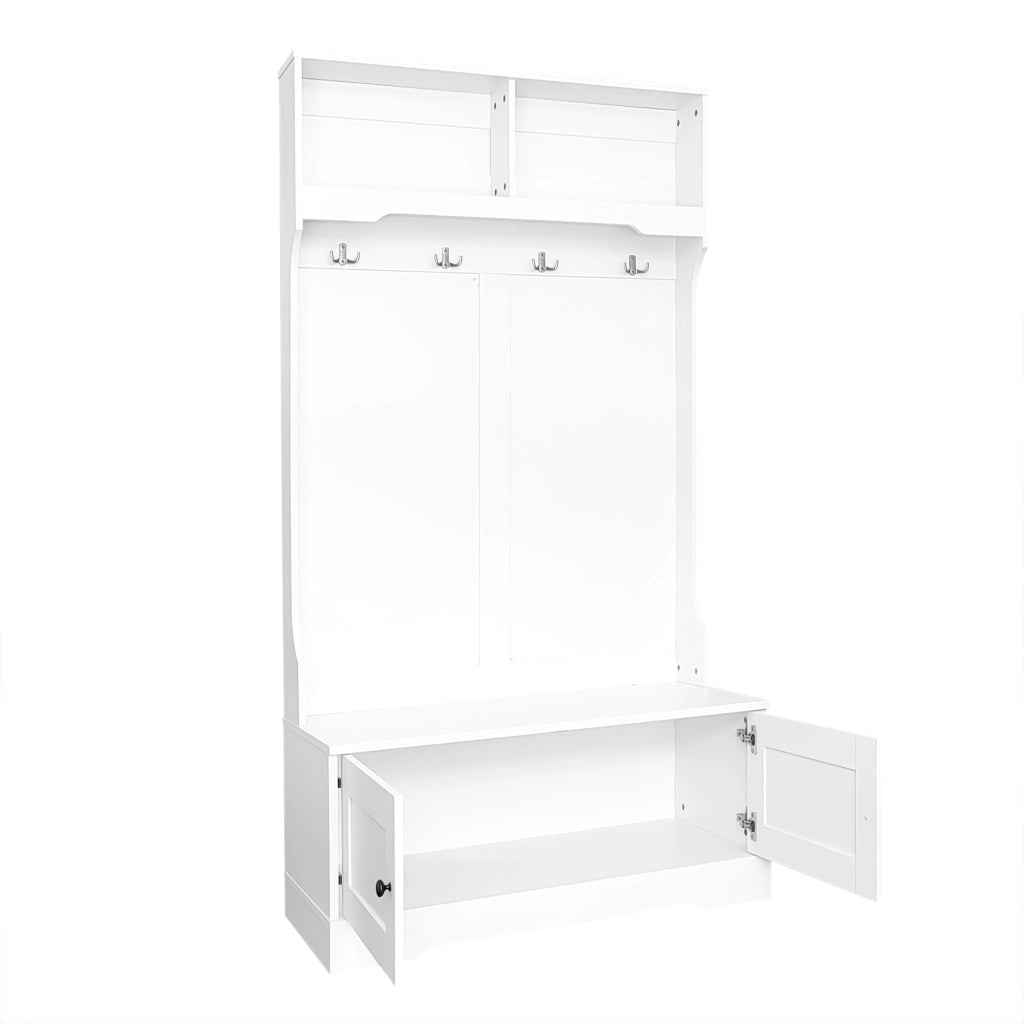 Mobile ingresso con panca; 2 ante; 2 vani aperti e 4 ganci; per ingresso; bianco; 101.5 × 183 cm