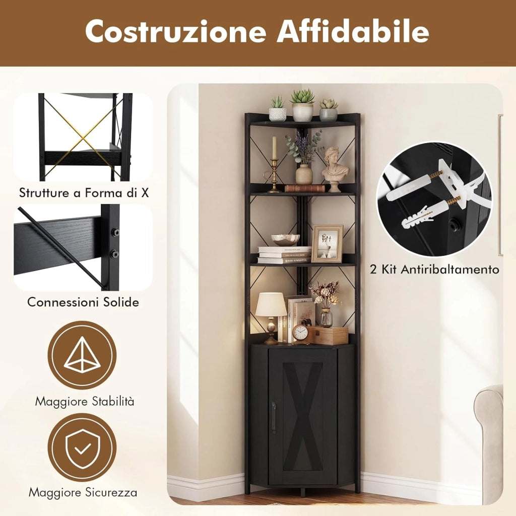 Libreria a 5 Ripiani, Mensola ad Angolo con Spazio di Archiviazione, Armadio ad Angolo con Paraspigoli Anticaduta, Autoportante, con 2 Kit Antiribaltamento, 38 x 38 x 180 cm (Nero)