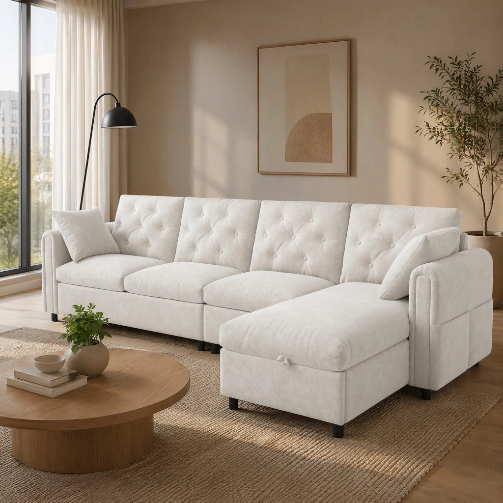 Divano angolare in velluto con funzione letto, contenitore laterale e chaise longue reversibile, beige, 281¡Á132¡Á86 cm