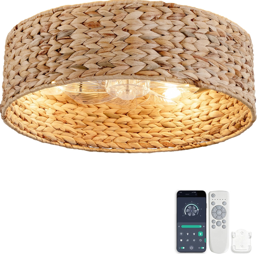 Ventilatore da soffitto con lampada 19 pollici in rattan; controllo Bluetooth e telecomando; rame