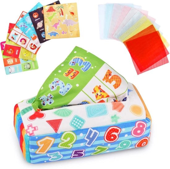 Cassetto per tessuti sensoriali con 6 temi grafici divertenti e 15 sciarpe per bambini piccoli e neonati