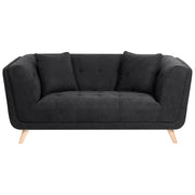 Divano a 2 posti in tessuto con cuscini decorativi gambe in legno e trapuntatura decorativa stile retrò nero