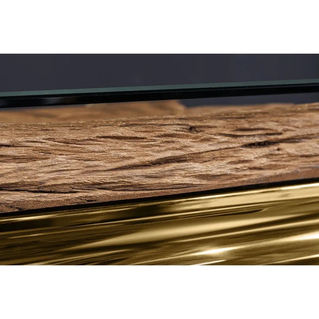 Table de salle à manger VELENA – Rectangulaire 200 cm – Bois de teck, verre et acier doré – Style baroque chic Tavolo da pranzo VELENA – Rettangolare 200 cm – Legno di teak, vetro e acciaio dorato – Stile barocco chic