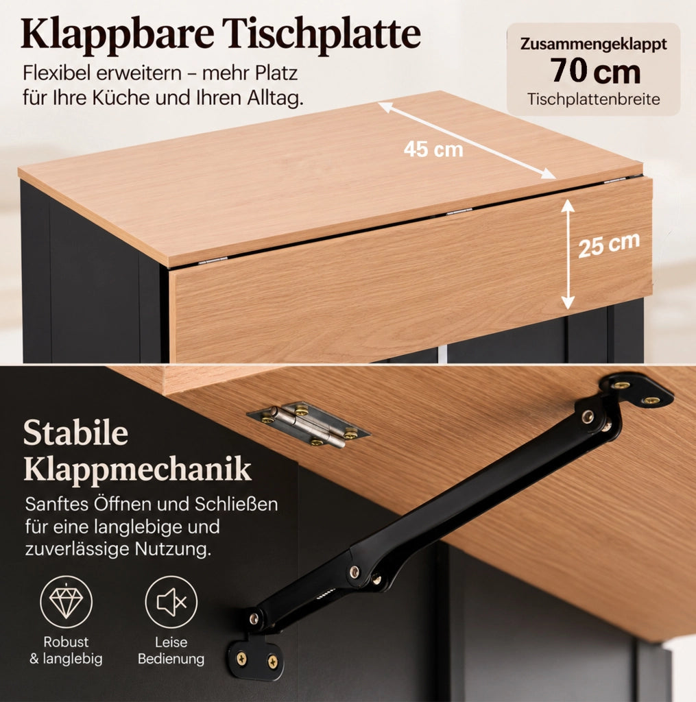 Isola da cucina mobile 110 cm con piano ribaltabile; 2 cassetti e ruote; nera