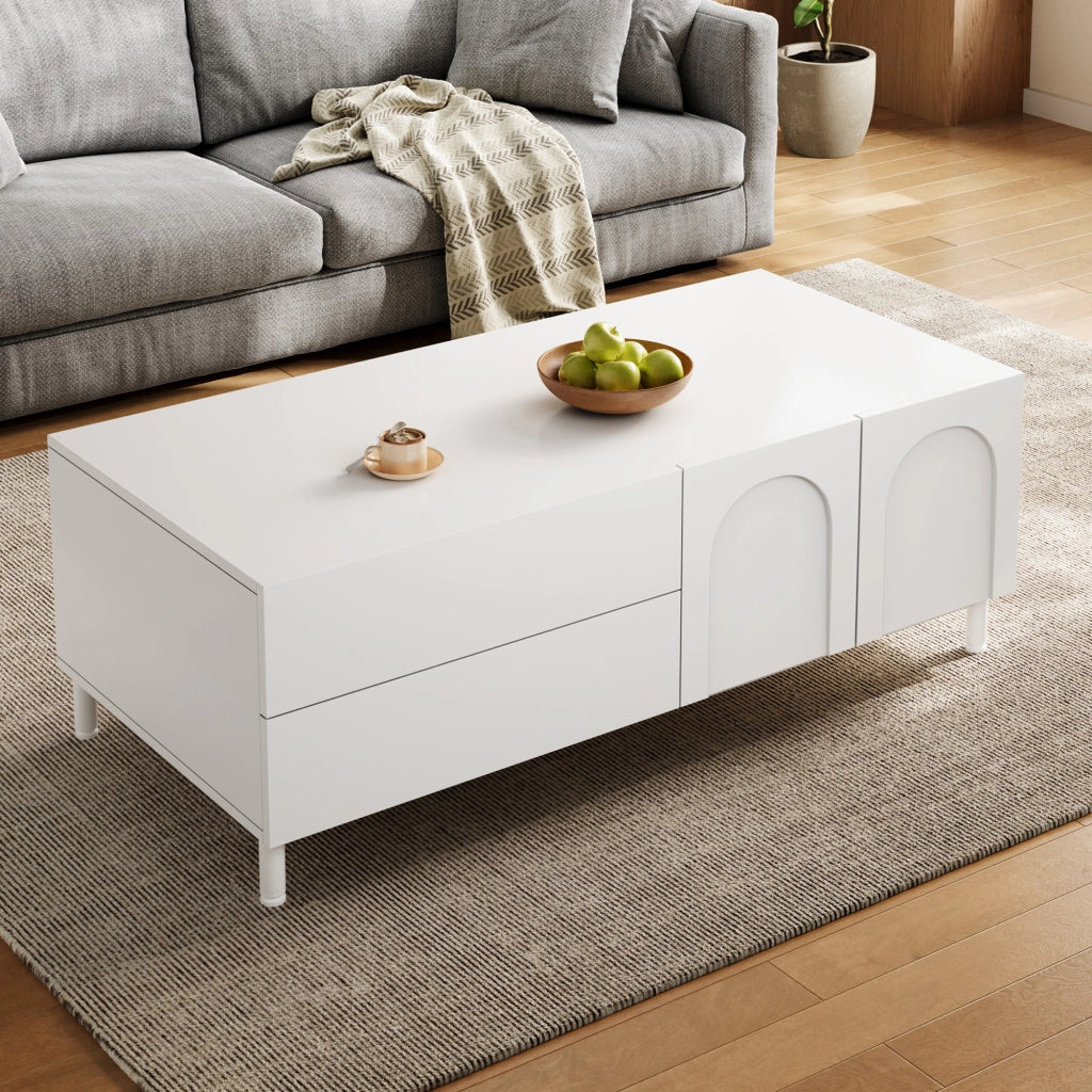 Tavolino basso con 2 cassetti e 2 ante vano chiuso per soggiorno in MDF e truciolare bianco 100 × 50 × 39,5 cm