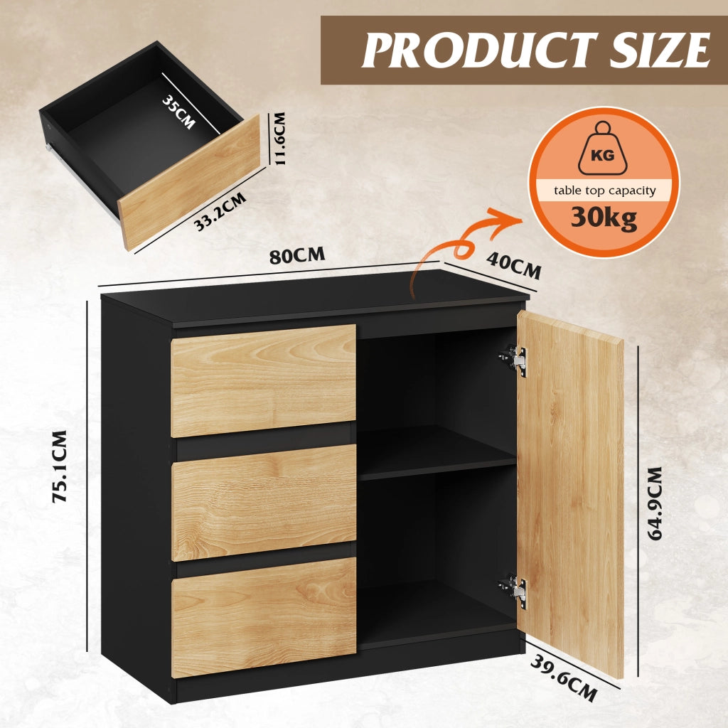 Cassettiera 3 cassetti con ante ¨C zephmum ¨C nero rovere 80x75x40cm
