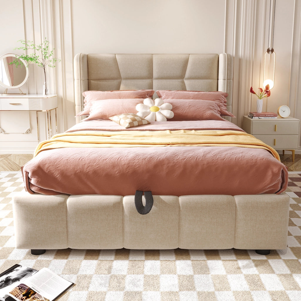 Letto per bambini 90 × 200 cm con contenitore sollevabile, testiera imbottita, senza materasso, beige