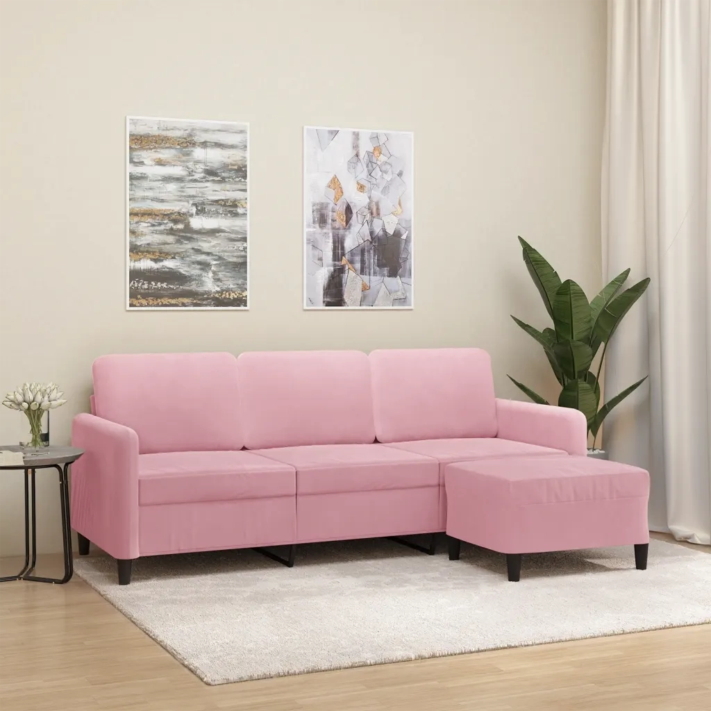 Divano a 3 Posti con Poggiapiedi rosa 180 cm in Vellutocod mxl 120717