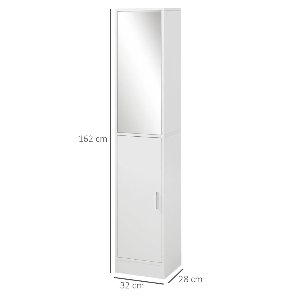 Mobile Colonna Bagno in Legno a 5 Ripiani con Anta a Specchio Apribile, 32x28x162 cm, Bianco